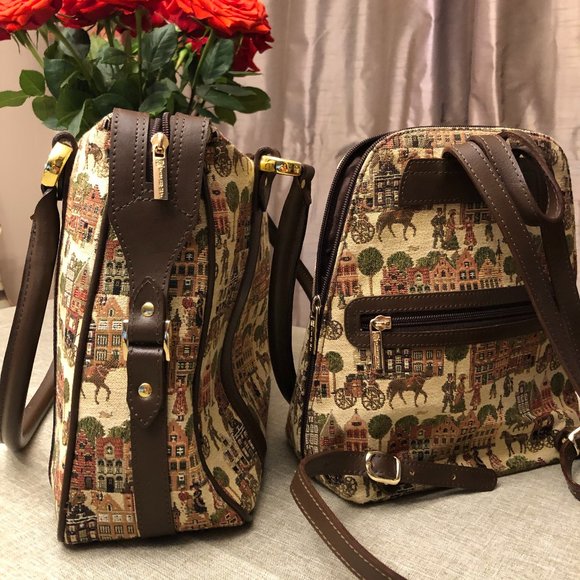 AUTHENTIC &HANDMADE TAPESTRY EMBOSSED BRAIDED LEATHER BAG AND BACKPACK SET. - Picture 7 of 9